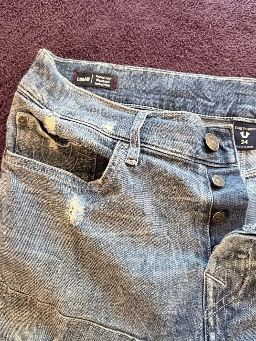 True Religion Logan Relaxed Taper Distressed Double Knee Jeans Size 34